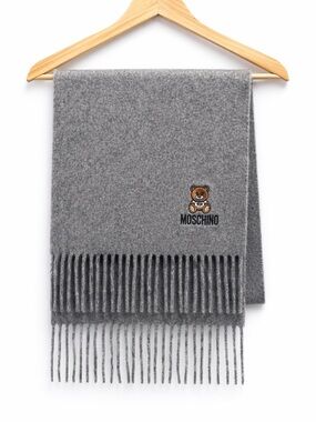 Moschino Grey Teddy Logo Fringe Scarf